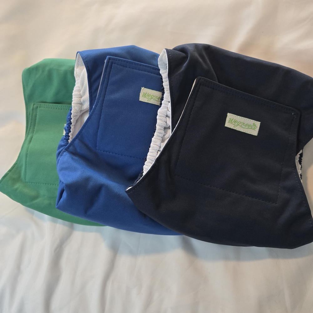 Set of Three Cloth Doggie Male Wraps -  Diapers in Green, Blue, and Navy - Med
